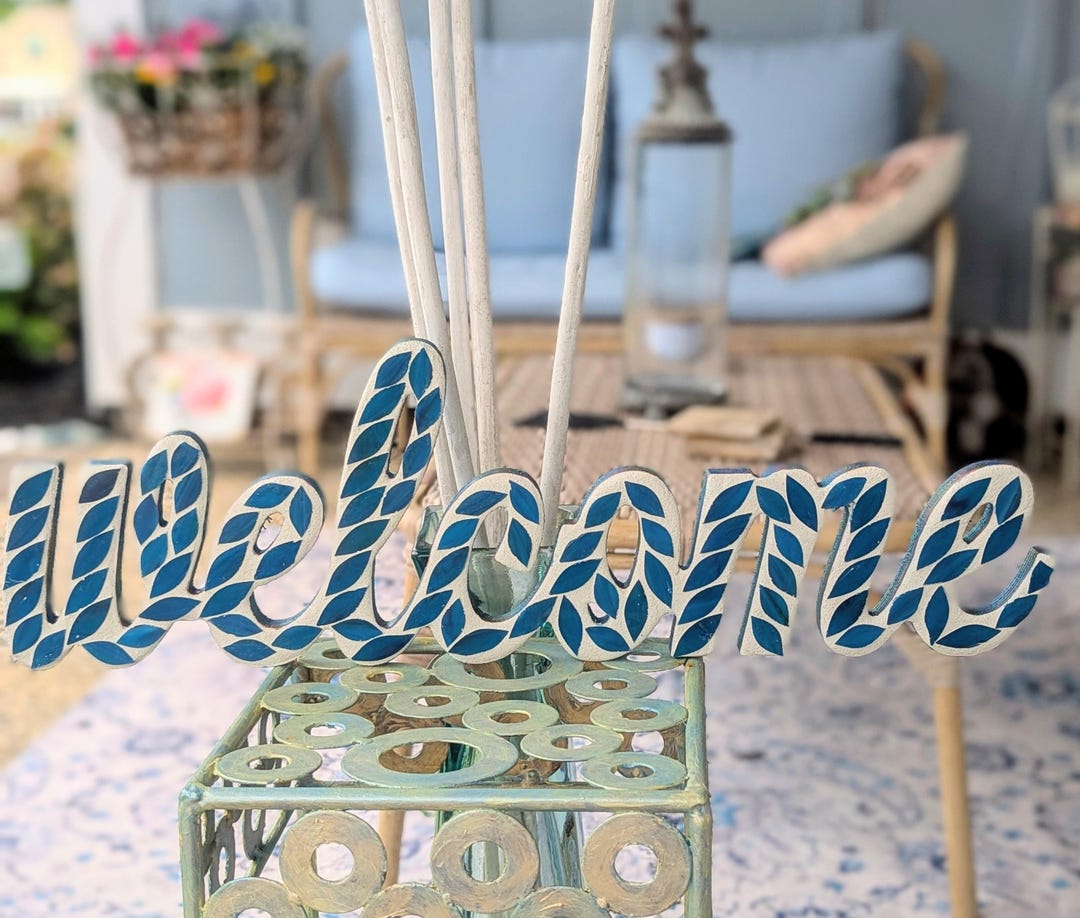 Mosaic Welcome Sign With Blue Leaves Free Standing or Wall Hanging - Etsy