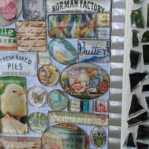 May include: A colorful mosaic art piece with various images and text, including "Fresh Baked Pies", "Norman Factory", "Butter", and "Bloom Happiness".