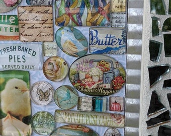 May include: A colorful mosaic art piece with various images and text, including "Fresh Baked Pies", "Norman Factory", "Butter", and "Bloom Happiness".