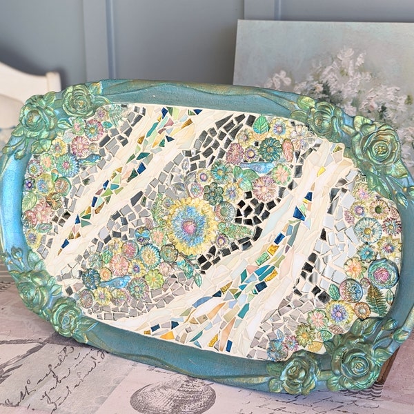 Ornate Mosaic Tray Made with Clay Flowers and Stained Glass