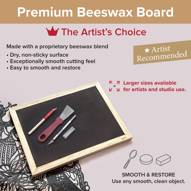 May include: A rectangular black beeswax board with a light wood frame. The board is displayed with a red-handled scraper, a silver craft knife, and a small blade. Text on the board reads Premium Beeswax Board, The Artist's Choice, and Artist Recommended.