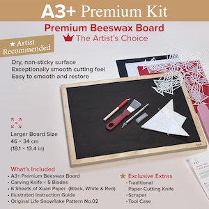 May include: A rectangular A3+ premium beeswax board measuring 18.1 by 13.4 inches with a black surface and light wood frame. The kit includes a red-handled scraper, a silver carving knife with five blades, and six sheets of Xuan paper.