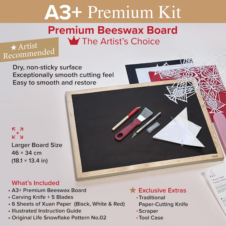 May include: A rectangular A3+ premium beeswax board measuring 18.1 by 13.4 inches with a black surface and light wood frame. The kit includes a red-handled scraper, a silver carving knife with five blades, and six sheets of Xuan paper.