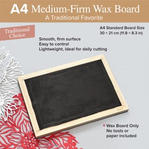 May include: A rectangular A4 medium-firm wax board with a black surface and a light-colored wooden frame. The board measures 11.8 by 8.3 inches. Text on the image includes A4 Medium-Firm Wax Board, A Traditional Favorite, and Traditional Choice.