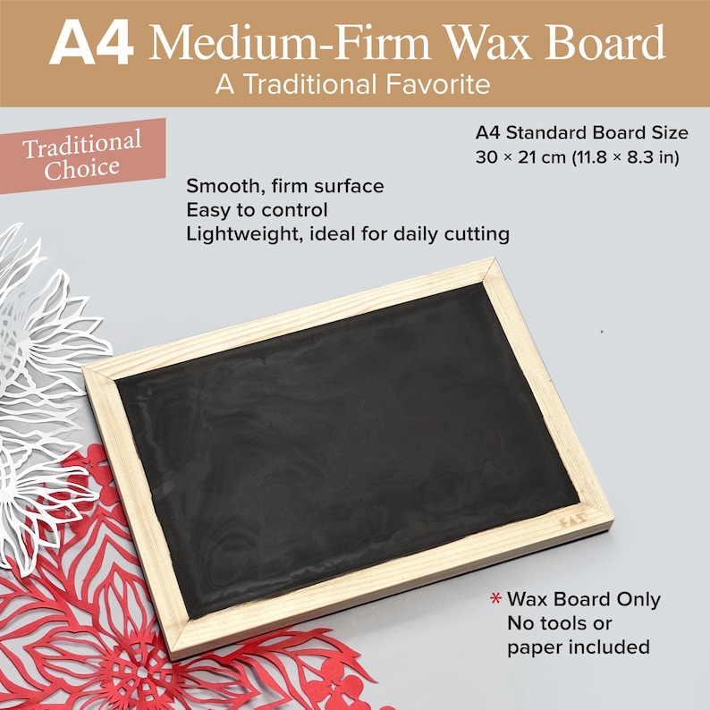 May include: A rectangular A4 medium-firm wax board with a black surface and a light-colored wooden frame. The board measures 11.8 by 8.3 inches. Text on the image includes A4 Medium-Firm Wax Board, A Traditional Favorite, and Traditional Choice.
