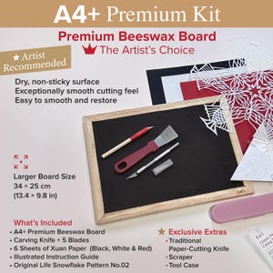 May include: A4+ Premium Kit featuring a black beeswax board measuring 34 x 25 cm (13.4 x 9.8 in), a red-handled scraper, a silver carving knife with five blades, a pink tool case, and six sheets of black, white, and red Xuan paper.