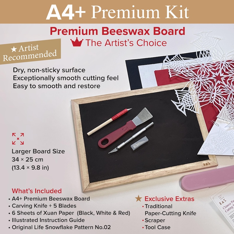 May include: A4+ Premium Kit featuring a black beeswax board measuring 34 x 25 cm (13.4 x 9.8 in), a red-handled scraper, a silver carving knife with five blades, a pink tool case, and six sheets of black, white, and red Xuan paper.