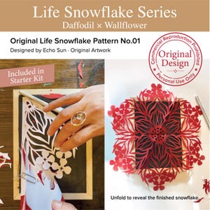 May include: A paper craft kit titled Life Snowflake Series Daffodil x Wallflower, featuring Original Life Snowflake Pattern No.01 by Echo Sun. The image shows a red paper snowflake being cut and unfolded, with text stating Commercial Reproduction Prohibited and Personal Use Only.