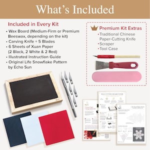 May include: A craft kit containing a rectangular wax board with a wooden frame, a carving knife with five spare blades, six sheets of Xuan paper in black, white, and red, an illustrated instruction guide, a paper-cutting knife, a scraper, and a case.