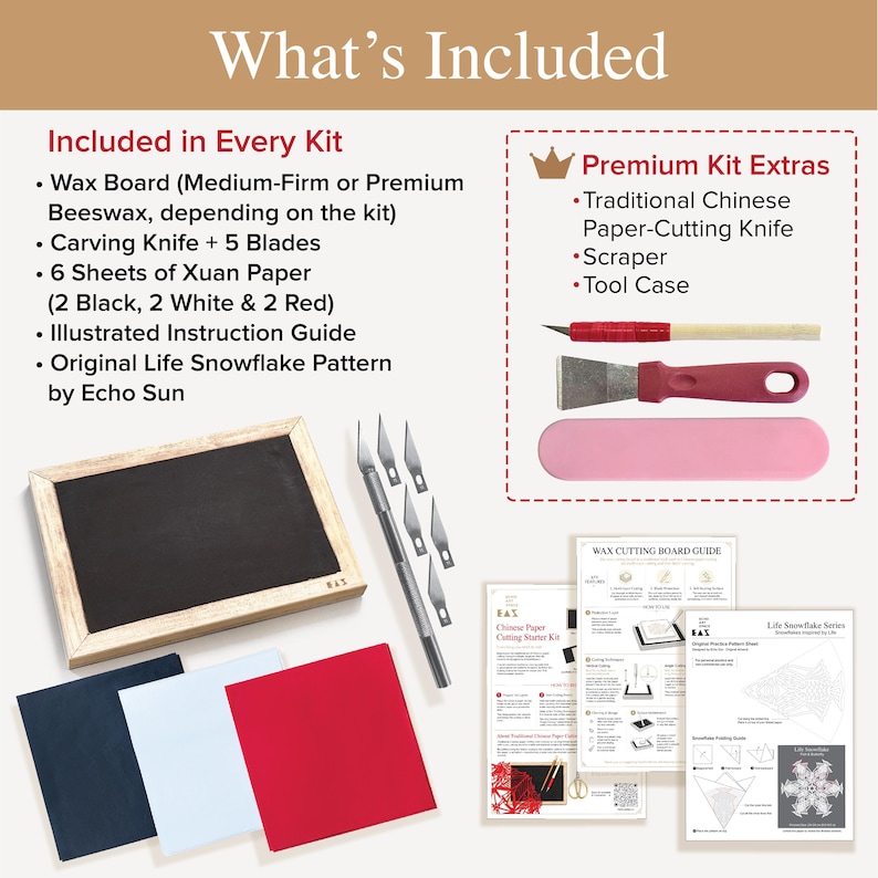 May include: A craft kit containing a rectangular wax board with a wooden frame, a carving knife with five spare blades, six sheets of Xuan paper in black, white, and red, an illustrated instruction guide, a paper-cutting knife, a scraper, and a case.