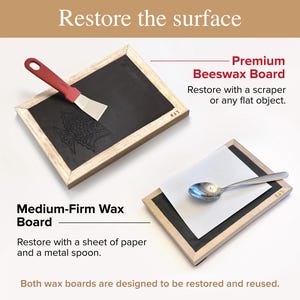 May include: Two rectangular wax boards with light wood frames. One board features a dark surface with a fish design being smoothed by a red-handled metal scraper. The other board shows a white sheet of paper being pressed by a silver metal spoon.