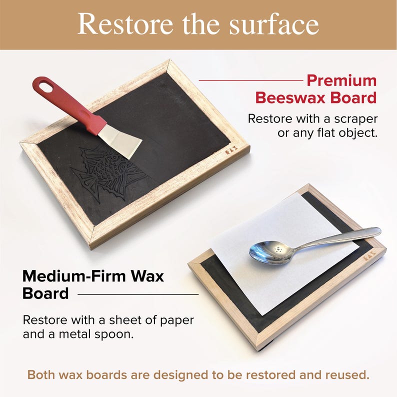 May include: Two rectangular wax boards with light wood frames. One board features a dark surface with a fish design being smoothed by a red-handled metal scraper. The other board shows a white sheet of paper being pressed by a silver metal spoon.