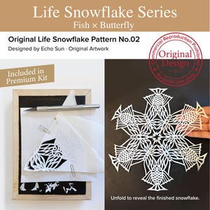 May include: A paper cutting craft kit titled Life Snowflake Series Fish x Butterfly, Original Life Snowflake Pattern No.02 by Echo Sun. Includes a craft knife, paper template, and a finished white paper snowflake with a repeating fish design.