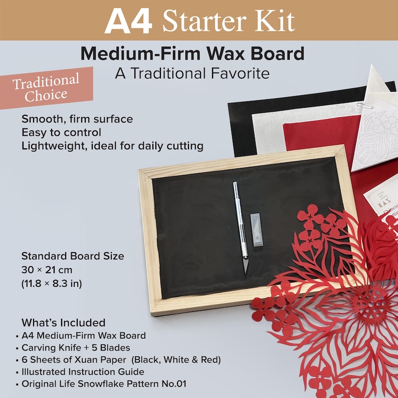 May include: A4 Starter Kit featuring a medium-firm wax board measuring 11.8 by 8.3 inches, a silver carving knife with five blades, six sheets of black, white, and red Xuan paper, an illustrated instruction guide, and a snowflake pattern.
