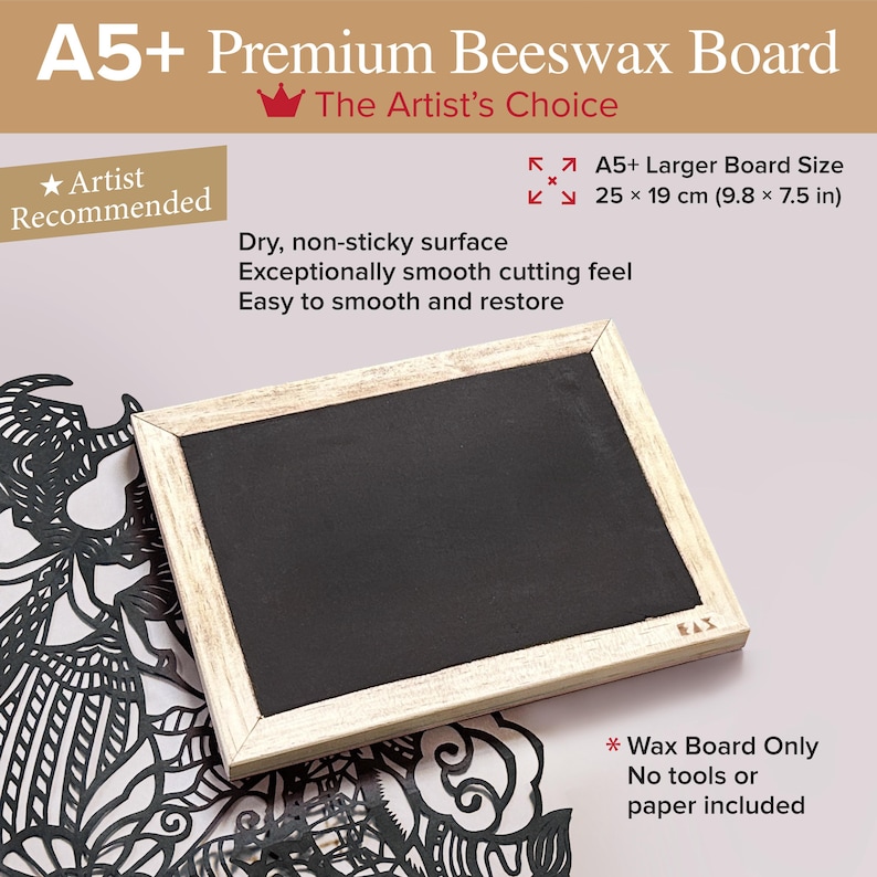 May include: A rectangular A5+ beeswax board with a black surface and a light-colored wooden frame. The board measures 9.8 by 7.5 inches. Text on the image includes A5+ Premium Beeswax Board, The Artist's Choice, and Artist Recommended.