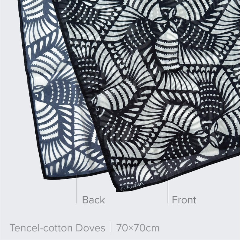 Foulard artistique découpé dans du papier | Echarpes en mousseline de soie et coton tencel, objet d'art à porter inspiré de la nature, accessoire de mode artistique TencelCottonDove27.5