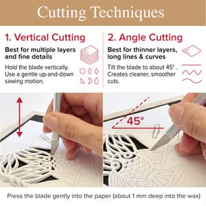 May include: An instructional graphic titled Cutting Techniques showing two methods. Vertical Cutting uses a vertical blade motion for fine details. Angle Cutting uses a 45-degree blade tilt for smooth curves. Text includes instructions for paper cutting.