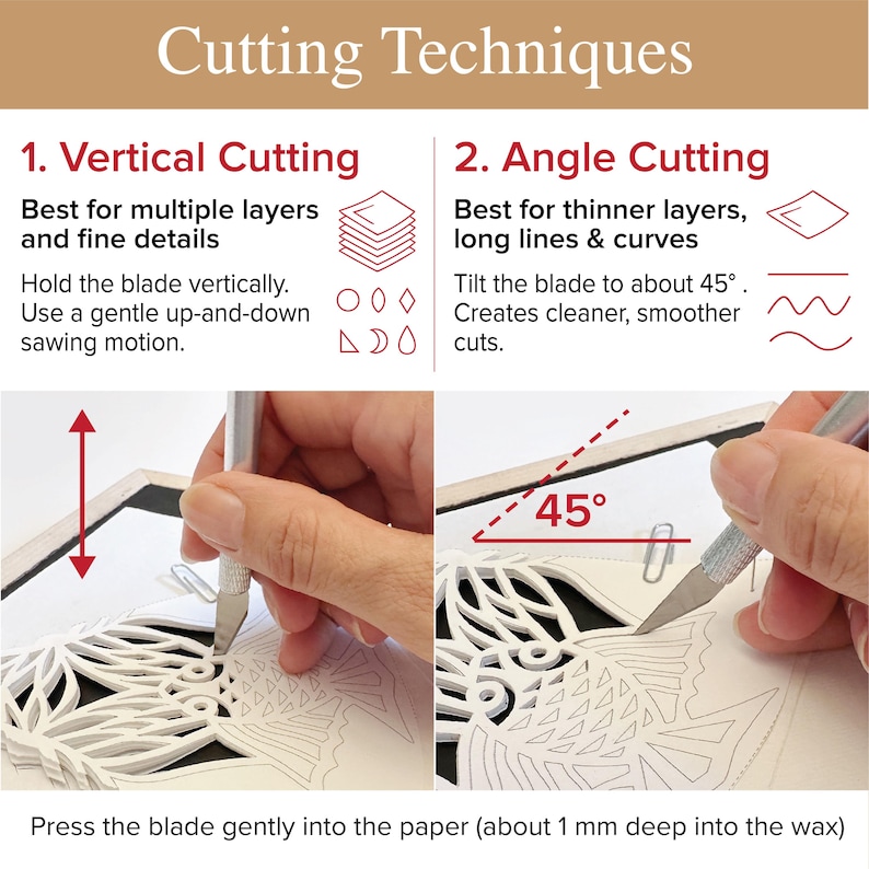 May include: An instructional graphic titled Cutting Techniques showing two methods. Vertical Cutting uses a vertical blade motion for fine details. Angle Cutting uses a 45-degree blade tilt for smooth curves. Text includes instructions for paper cutting.