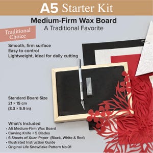 May include: A5 Starter Kit featuring a medium-firm black wax board with a light wood frame, a silver metal carving knife, five replacement blades, and six sheets of black, white, and red Xuan paper. Includes an illustrated guide and pattern.