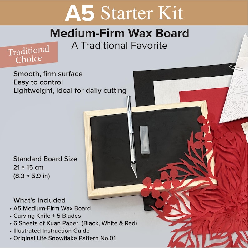 May include: A5 Starter Kit featuring a medium-firm black wax board with a light wood frame, a silver metal carving knife, five replacement blades, and six sheets of black, white, and red Xuan paper. Includes an illustrated guide and pattern.