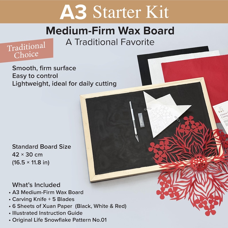 May include: A3 starter kit featuring a medium-firm wax board measuring 16.5 by 11.8 inches, a carving knife with five blades, six sheets of black, white, and red Xuan paper, an illustrated instruction guide, and a snowflake pattern.