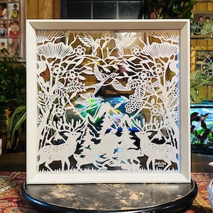 Hand Cut Paper Art, Forest Love,Trees, Mountain, Birds & Deer (12”x12”)