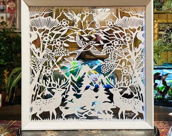 Hand-Cut Paper Art｜True Love Series｜Limited Edition｜Trees, Mountain, Birds & Deer｜Wall Paper Art｜Paper Cutting | 12”× 12”