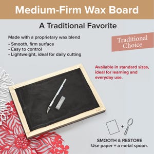 May include: A rectangular medium-firm wax board with a light wood frame, featuring a black surface. Included are a silver craft knife and a small rectangular blade. Text on the image reads Medium-Firm Wax Board, A Traditional Favorite, and Traditional Choice.