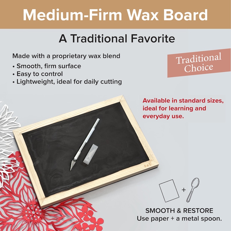 May include: A rectangular medium-firm wax board with a light wood frame, featuring a black surface. Included are a silver craft knife and a small rectangular blade. Text on the image reads Medium-Firm Wax Board, A Traditional Favorite, and Traditional Choice.