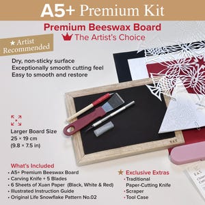 May include: A5+ Premium Beeswax Board kit featuring a 9.8 by 7.5 inch rectangular board with a wooden frame, a red-handled scraper, a silver carving knife with five blades, a tool case, and six sheets of black, white, and red Xuan paper.