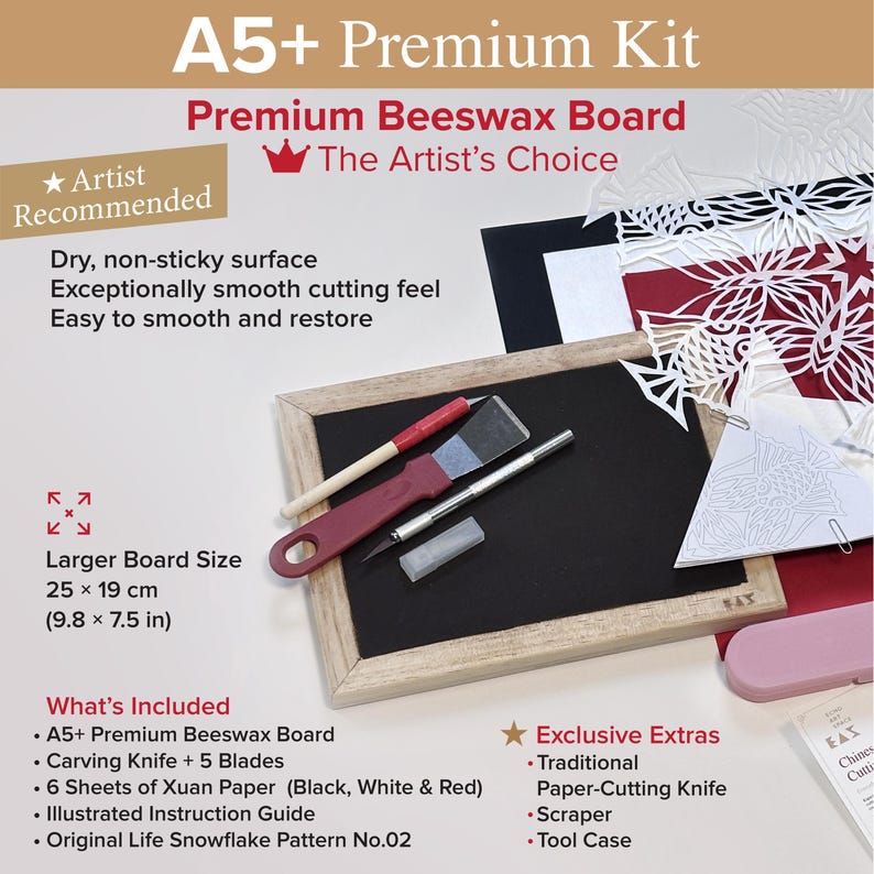 May include: A5+ Premium Beeswax Board kit featuring a 9.8 by 7.5 inch rectangular board with a wooden frame, a red-handled scraper, a silver carving knife with five blades, a tool case, and six sheets of black, white, and red Xuan paper.