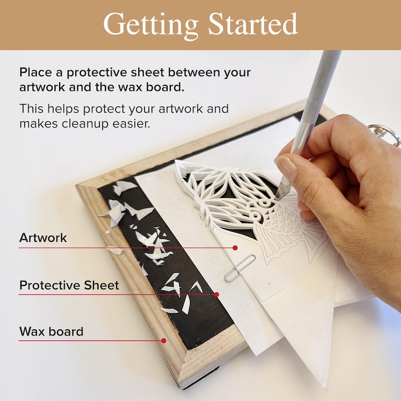 May include: A rectangular wax board with a wooden frame, a white protective sheet, and a paper artwork featuring a geometric fish design. A metal craft knife is positioned on the paper. Text reads: Getting Started, Place a protective sheet between your artwork and the wax board. This helps protect your artwork and makes cleanup easier. Artwork, Protective Sheet, Wax board.