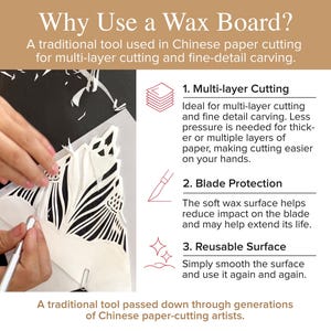 May include: A wax board for paper cutting with text explaining its benefits: multi-layer cutting, blade protection, and a reusable surface. The image shows a craft knife cutting intricate white paper patterns on a dark surface.