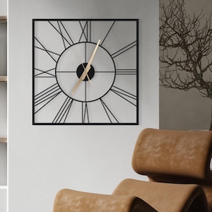 Square Metal Wall Clock with Roman Numerals Oversized, Silent, Unique Design | Modern Office & Home Decor | Large Wall Clock for Living Room