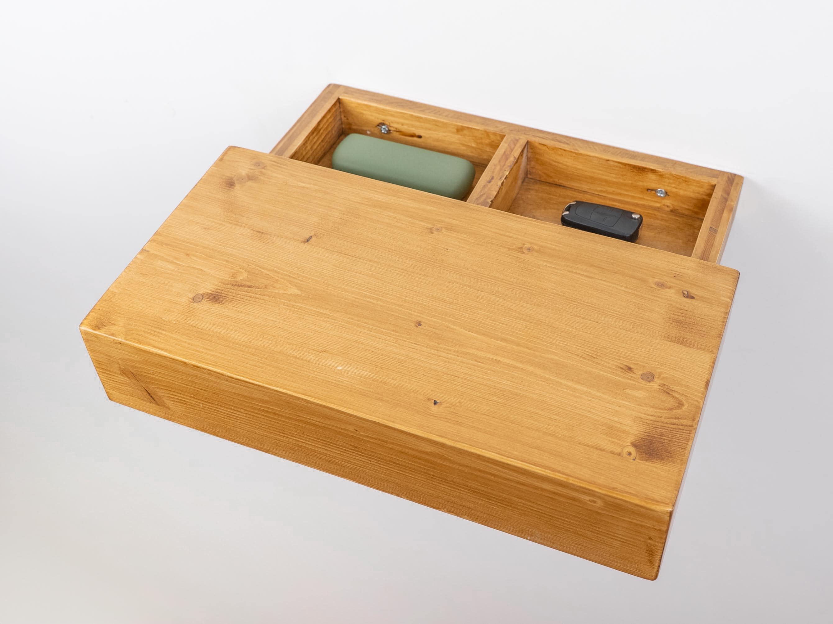 Floating Bedside Table with secret drawer, Solid Wood Nightstand, Wallboard, Chestnut color wooden shelf