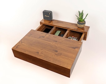 Floating Nightstand with Hidden Storage, Wall Mounted Bedside Shelf, Solid Wood Side Table for Bedroom, Secret Compartment Shelf