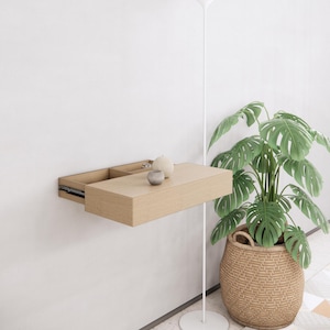 Sliding Bedside Shelf with Rails, Floating Nightstand, Chestnut color wallboard, Hidden compartment