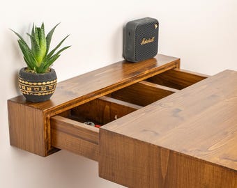 Large Solid Wood Floating Nightstand with hidden space, Bedside Table with secret Storage, Walnut color wooden shelf, Concealment shelf
