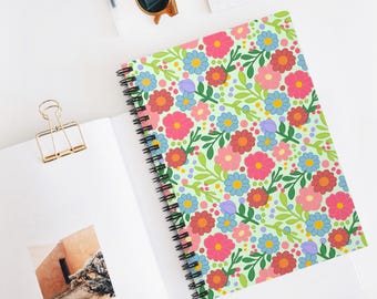 Brightly Colored Floral Pattern Spiral Notebook | Ruled Journal. Compact Size. Gifts. Office Supplies. Hand-Drawn Prints.
