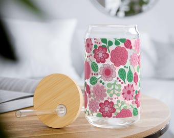 Pink and Green Floral Print | 16 oz Sipper Glass with Bamboo Lid and Glass Straw | Hand-Drawn Print | Housewarming Gift
