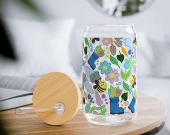 Gardening Inspired, Blue and Purple, Bees | 16 oz Sipper Glass with Bamboo Lid and Glass Straw | Hand-Drawn Print | Gifts and Houseware