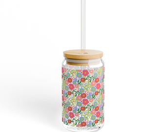 Spring Florals Inspired Bright Colors | 16 oz Sipper Glass with Bamboo Lid and Glass Straw | Hand-Drawn Print | Gifts and Houseware