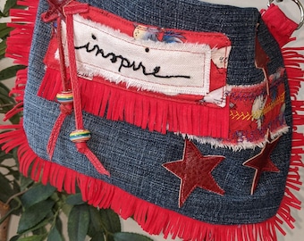 Boho Hippie Upcycled Denim Crossbody Bag, Red Fringe & Leather Stars