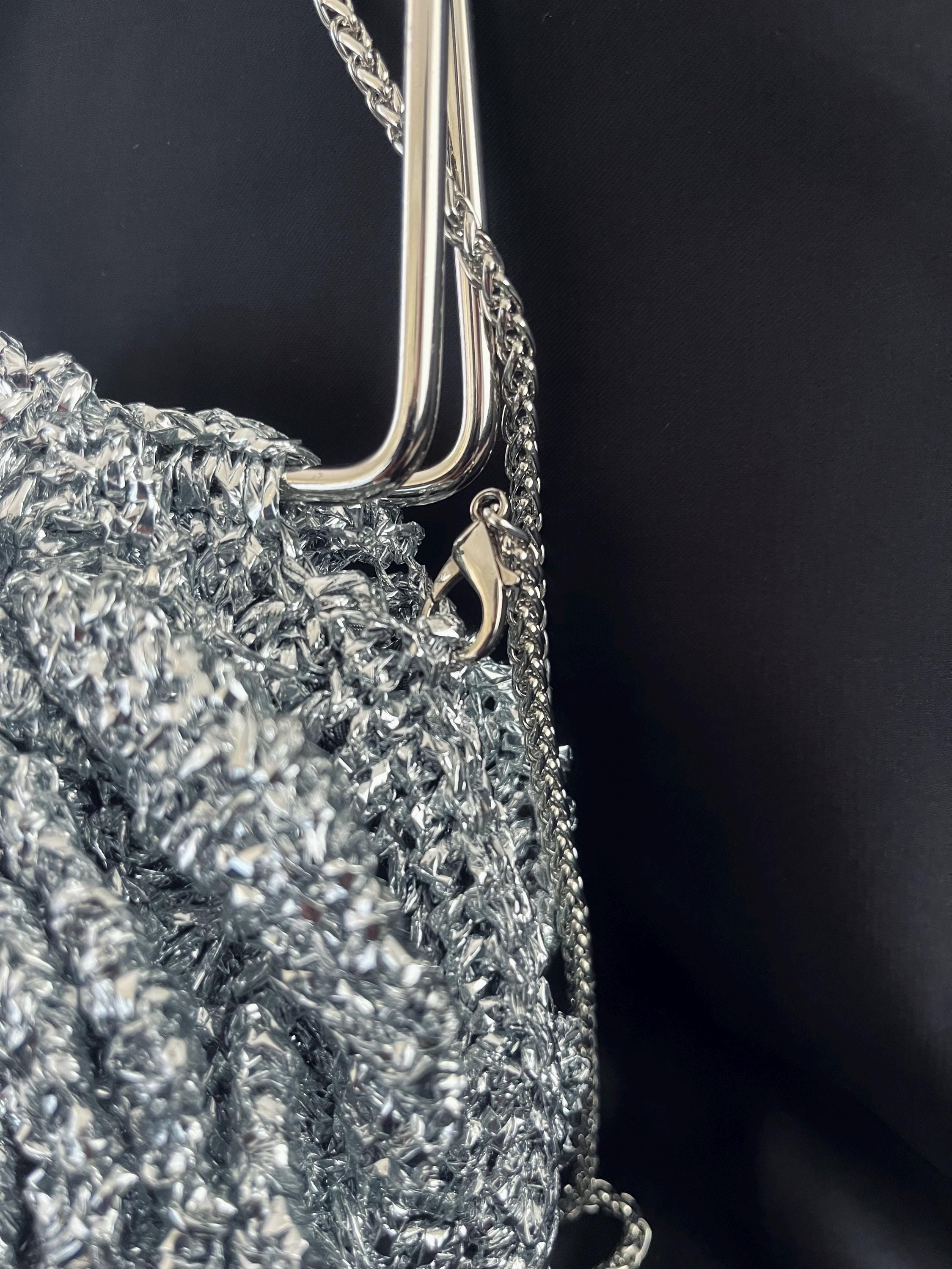 3D Crochet Silver Rose Bag: Handmade Metallic Yarn Evening Handbag