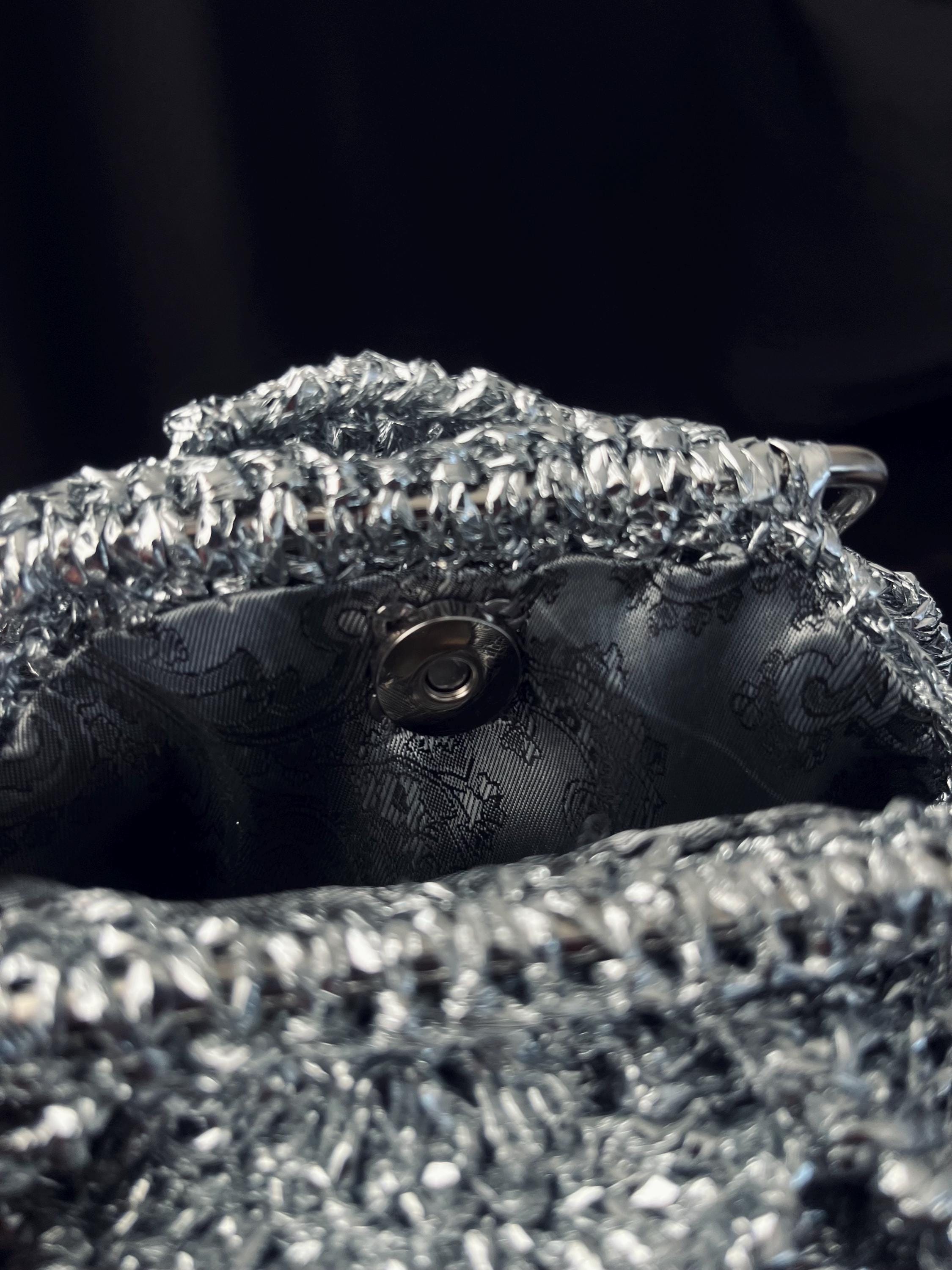 3D Crochet Silver Rose Bag: Handmade Metallic Yarn Evening Handbag