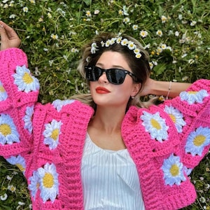 Handmade Cream Daisy Knitted Cardigan, Fluffy Floral