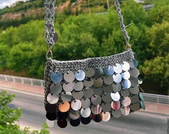 Handmade Crochet Sequin Evening Bag: Gold, Silver, Copper