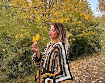 Cardigan Frida de malha robusta feito à mão: jaqueta Boho floral 3D