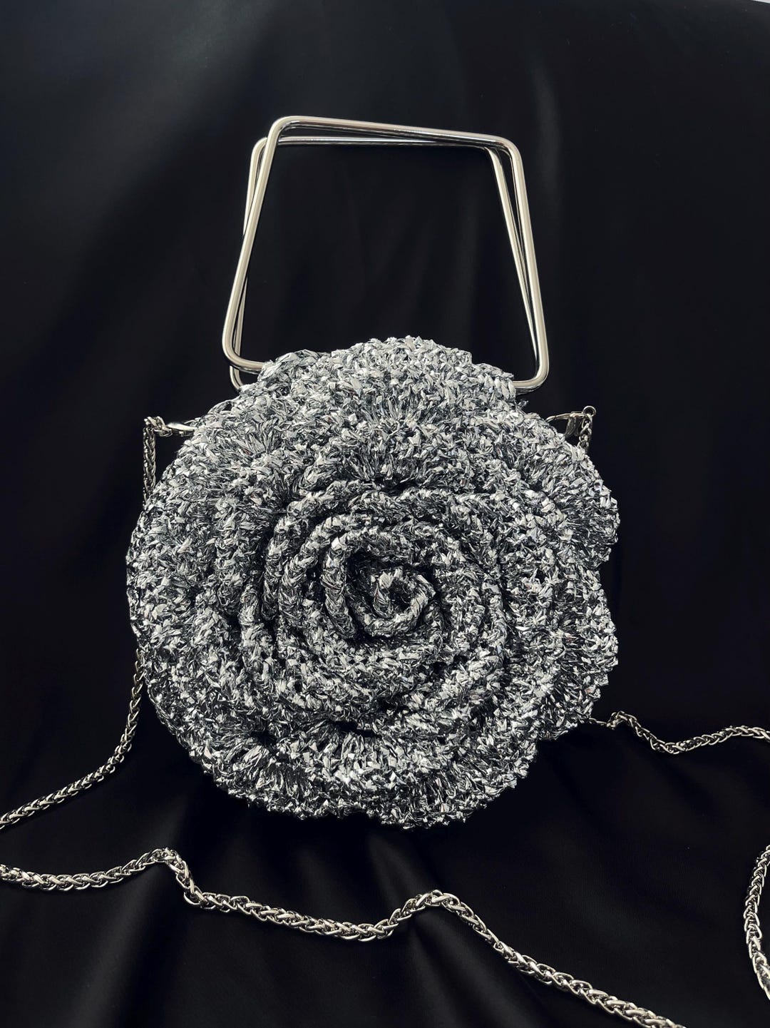 3D Crochet Silver Rose Bag: Handmade Metallic Yarn Evening Handbag