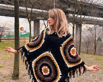 Handmade Mandala Crochet Poncho, Wool Blend Tasseled Boho Poncho